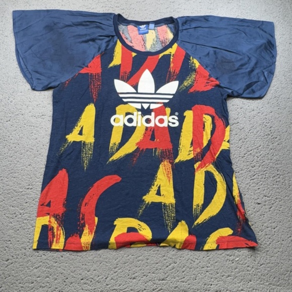 Adidas Originals Shirt Womens Medium Navy Trefoil‎ Allover Graphic Raglan Print